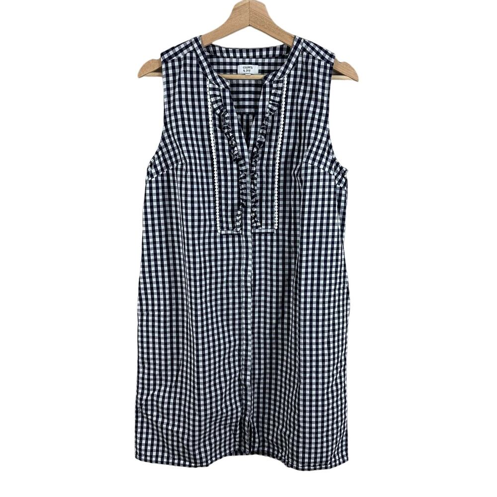 Crown & Ivy Navy Blue White Gingham Check Plaid Ruffle Shirt Shift Dress 8 M - Picture 2 of 9